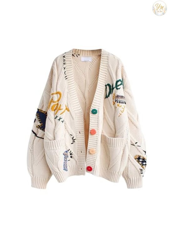 Sweaters - Women's Cable Knit Long Sleeve Cardigan V-Neck Button Down Embroidered Wool